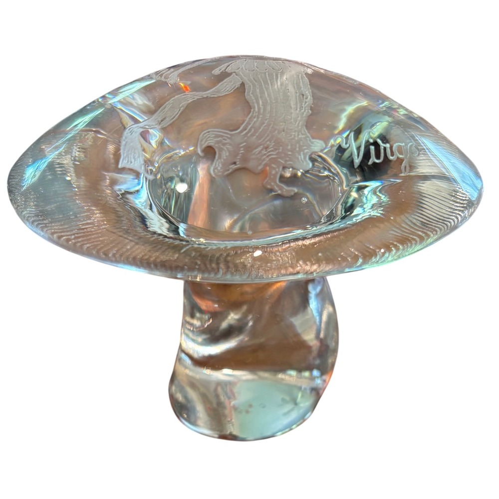 Virgo Zodiac Etched Viking Clear Glass Mushroom Paperweight Astrology 3 inch